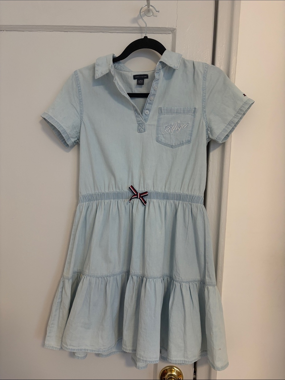 Tommy Hilfiger Pale Blue Tiered Cotton Polo Dress with Ribbon
